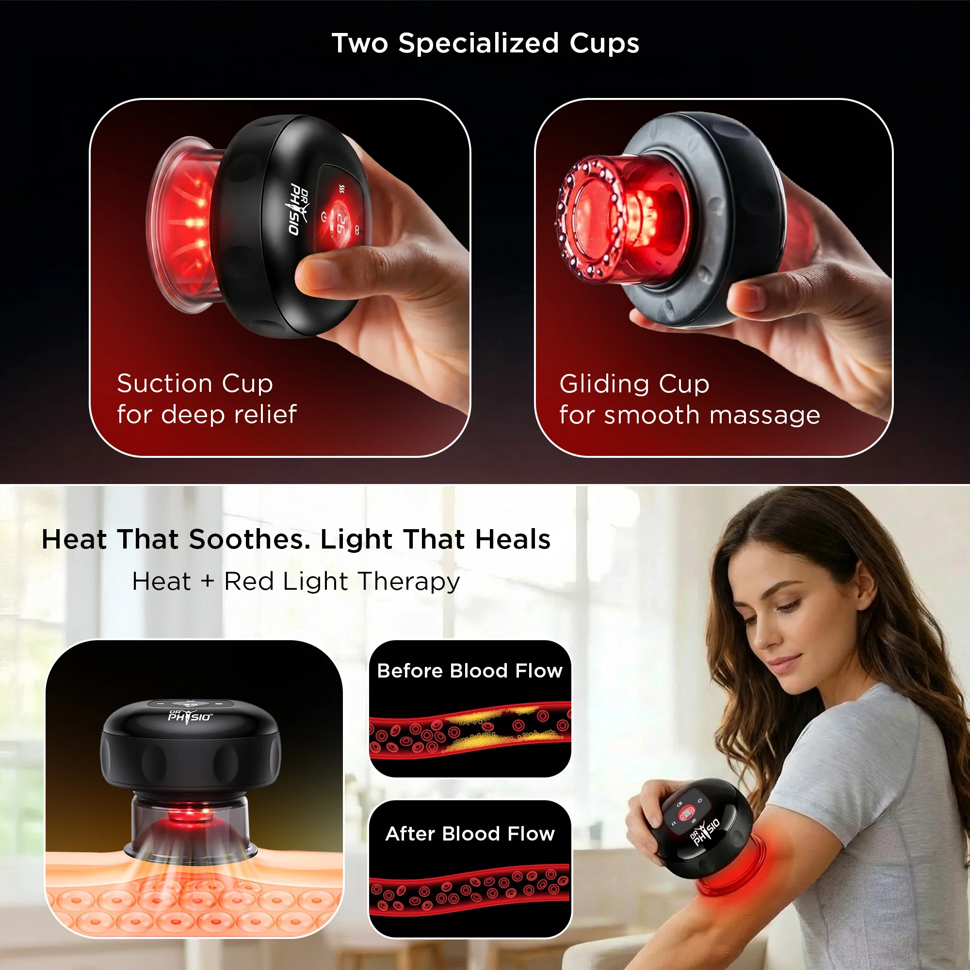 Dr Physio USA 1054 Advanced 5-in-1 Electric Cupping Massager, 12-Level Heat & Suction, Red Light Therapy for Muscle Relaxation, Pain Relief Recovery & Cellulite Support - Image 3