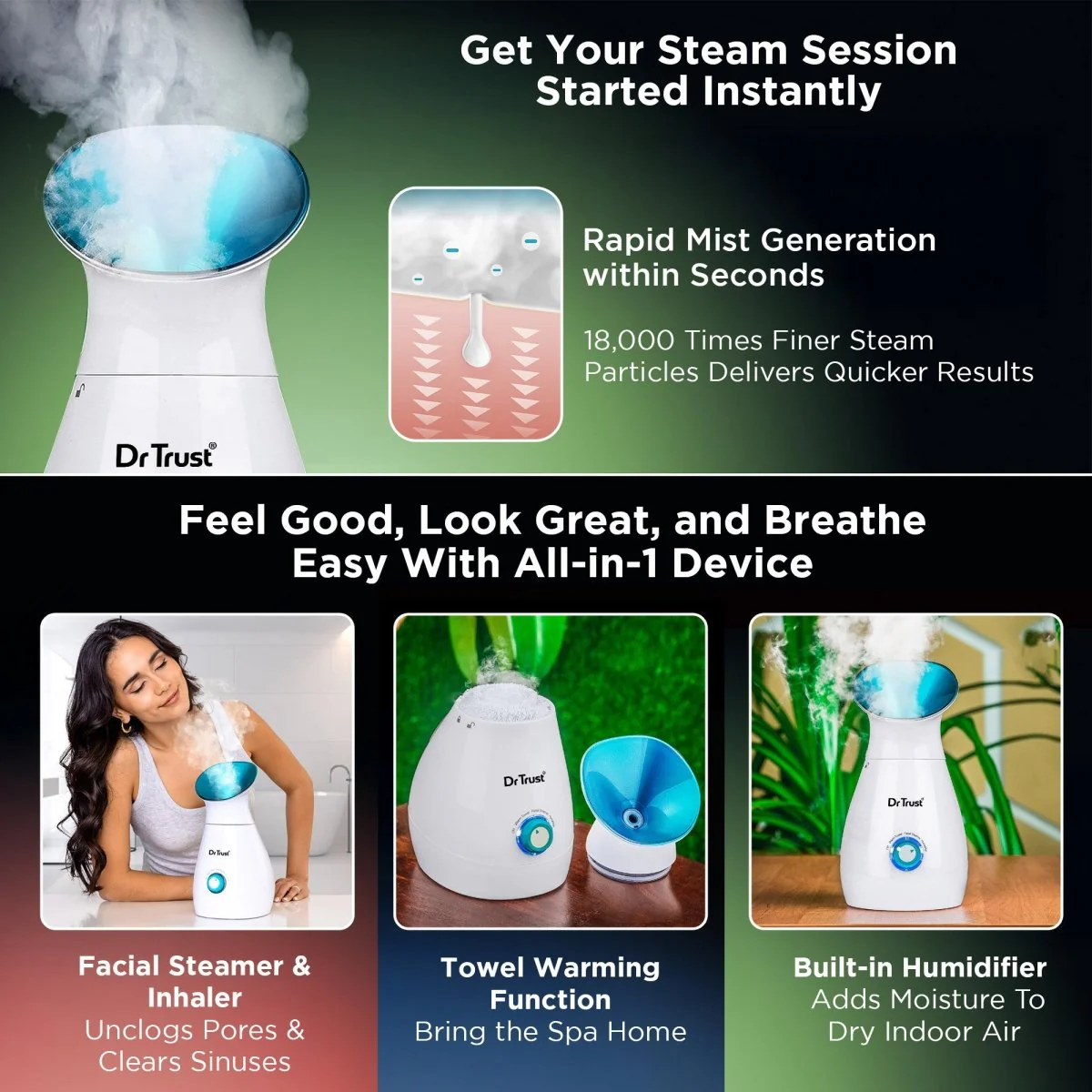 Dr Trust USA 3-in-1 Nano Ionic Facial Steamer 902 (Blue) - Image 3